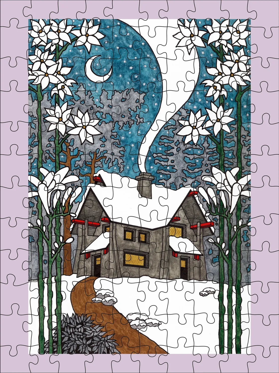 Pomegranate CJ Hurley Snowy Cabins puslespil 120 brikker vinter