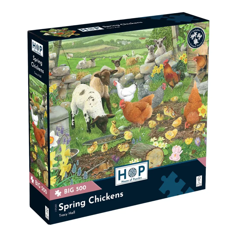 House of Puzzle BIG Spring Chickens puslespil 500 gårdmotiv