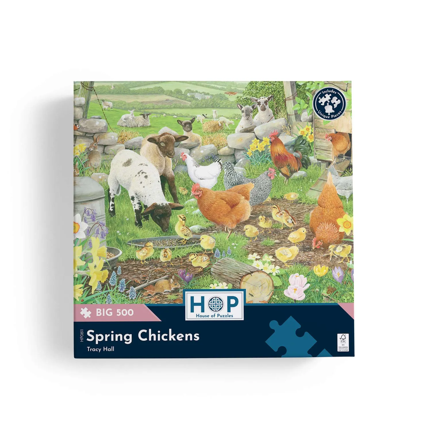 House of Puzzle BIG Spring Chickens puslespil 500 gårdmotiv