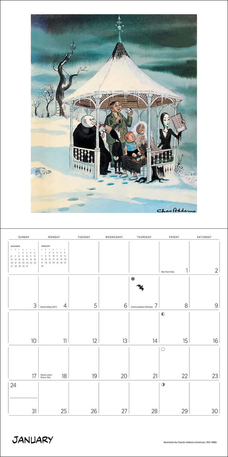 Pomegranate Charles Addams The Addams Family vægkalender 2027 humor