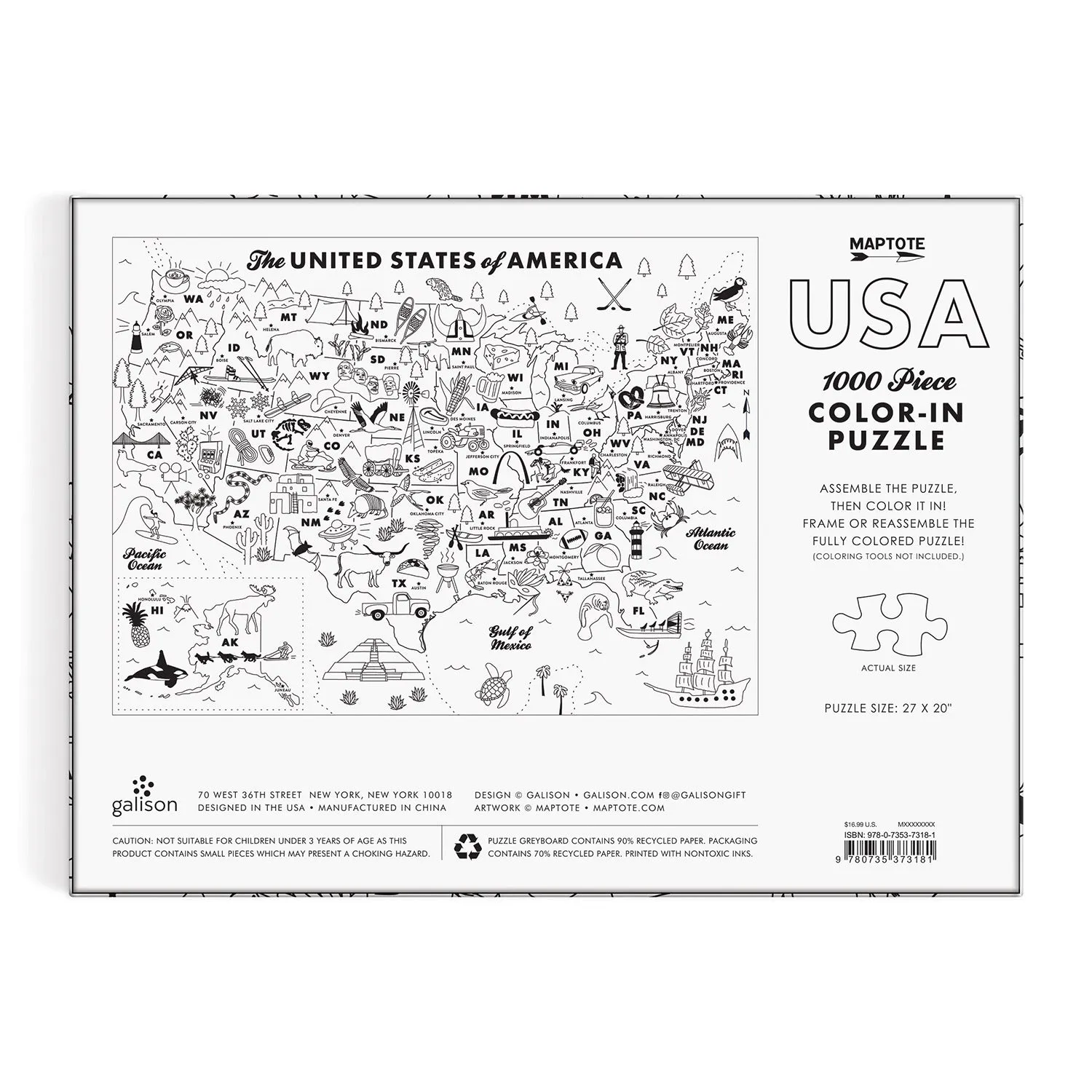 Good Puzzle Co. Maptote USA Color-In puslespil 1000 brikker kort