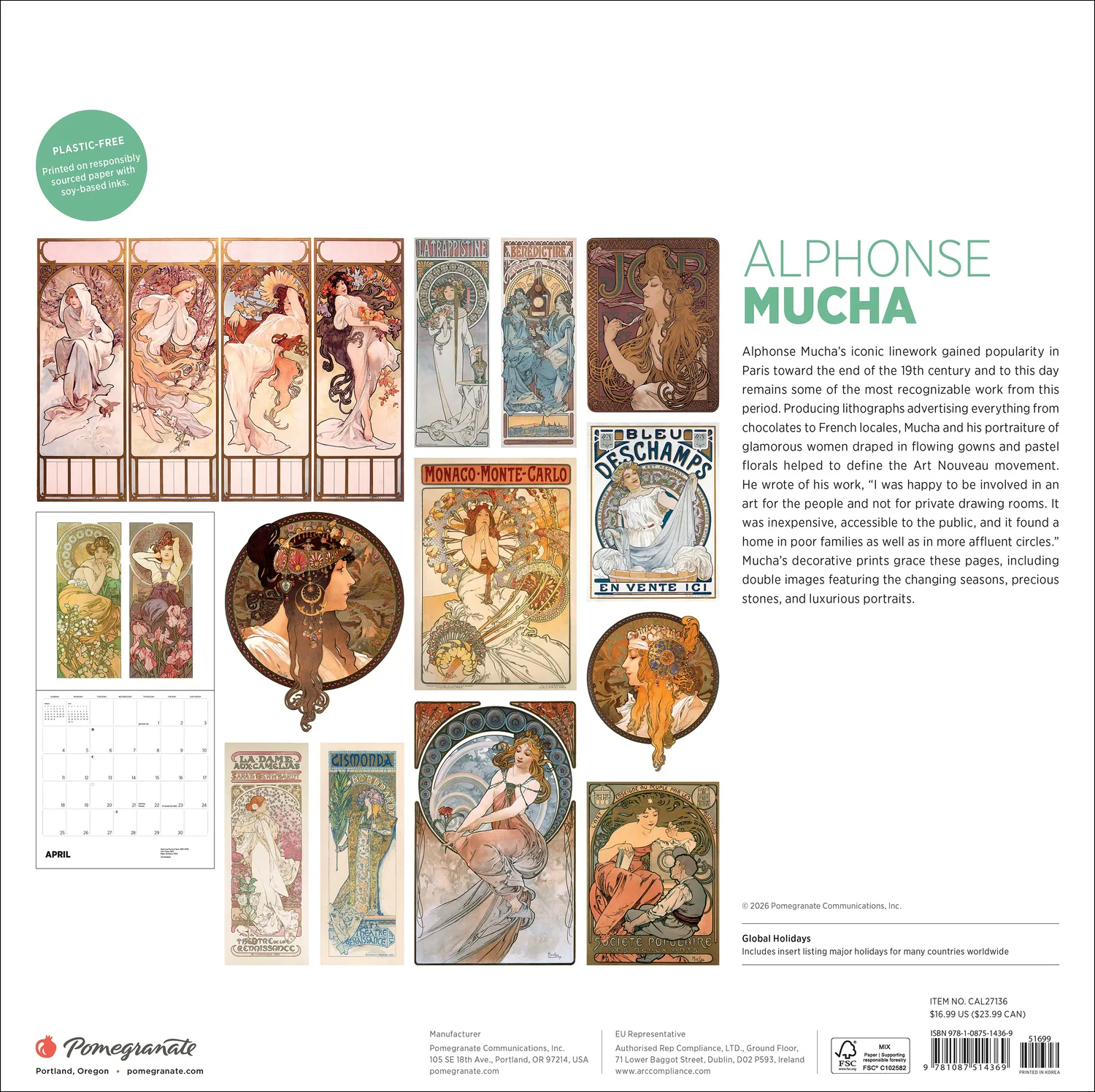 Pomegranate Alphonse Mucha 2027 vægkalender art nouveau