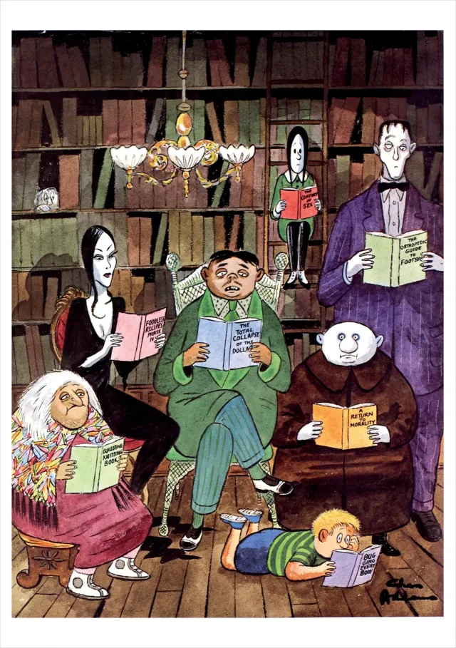 Pomegranate Charles Addams The Addams Family Reading brevkort enkelt humor