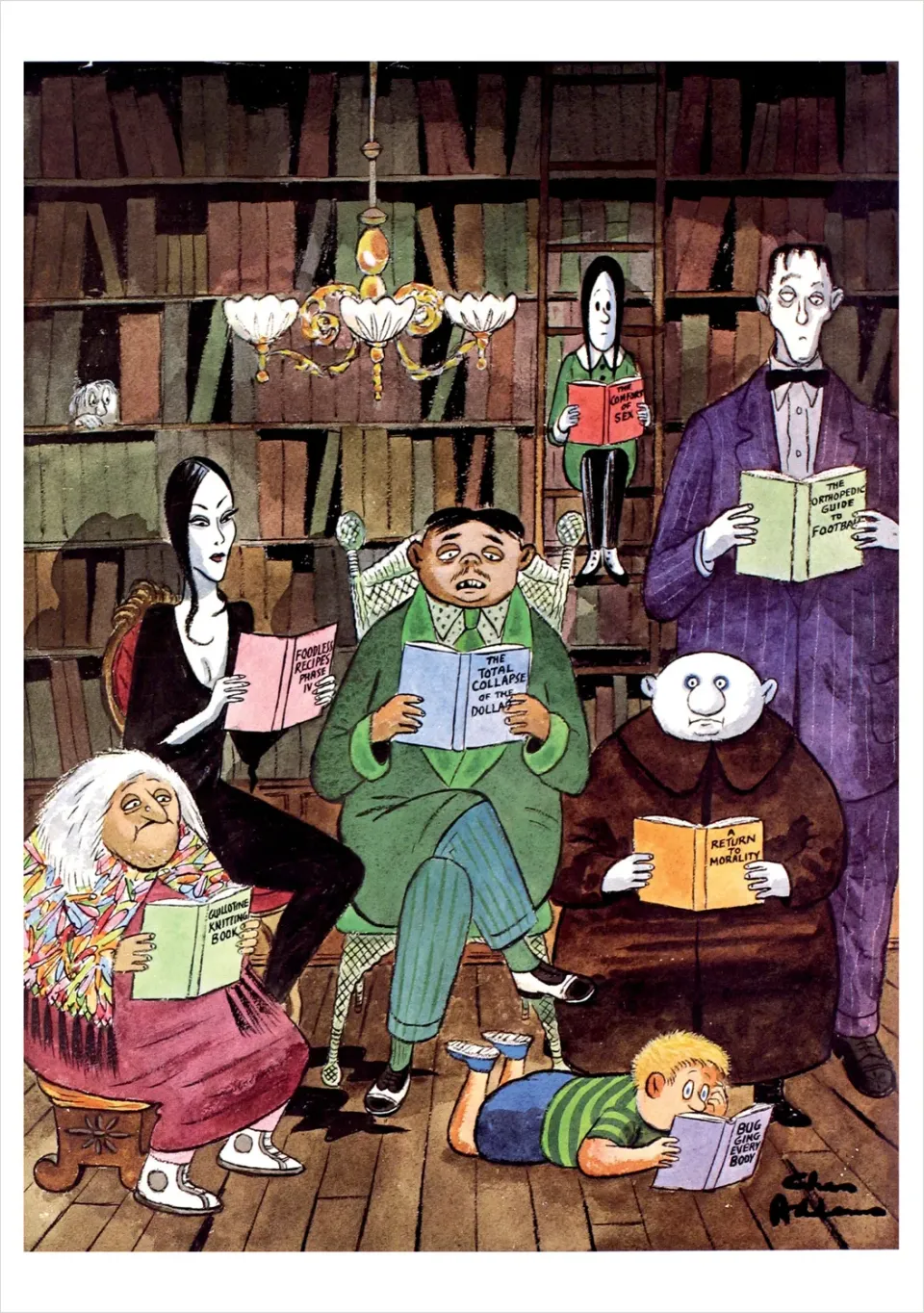 Pomegranate Charles Addams The Addams Family Reading brevkort enkelt humor
