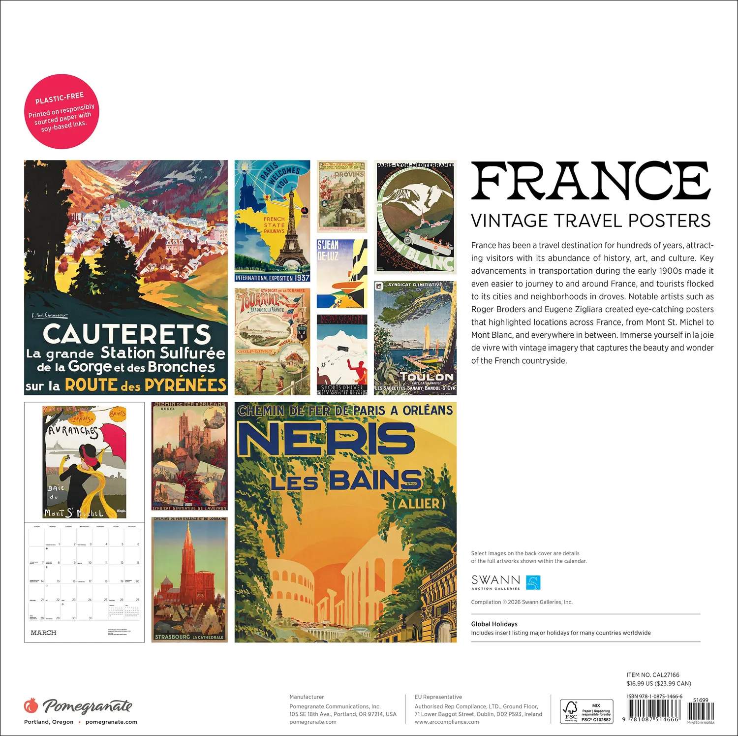 Pomegranate France Vintage Travel Posters vægkalender 2027