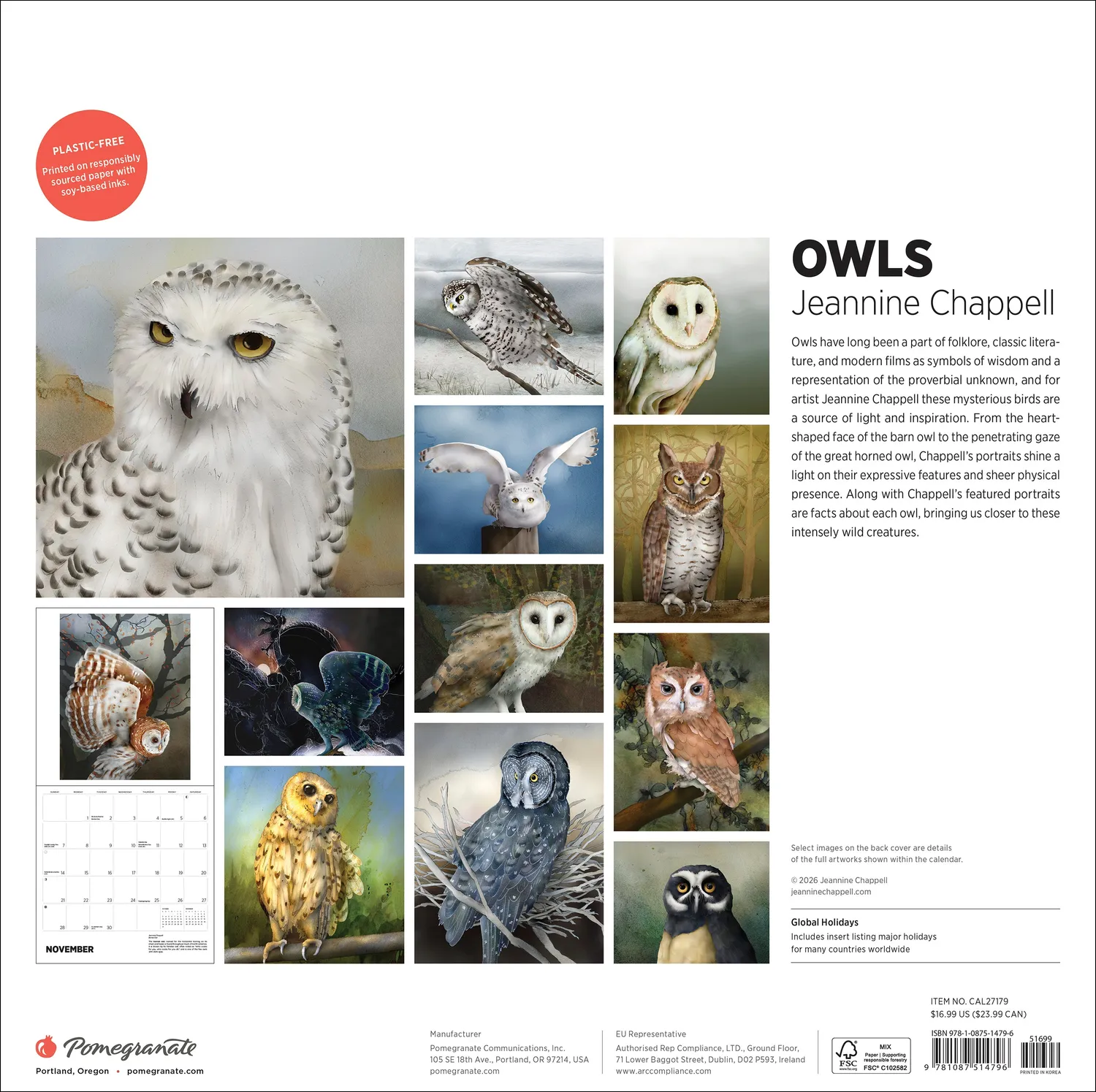 Pomegranate Owls Jeannine Chappell 2027 vægkalender ugler