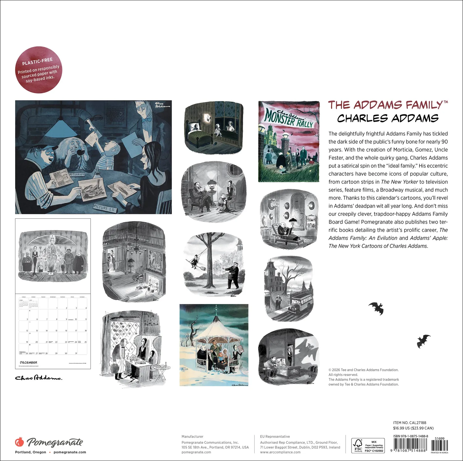 Pomegranate Charles Addams The Addams Family vægkalender 2027 humor