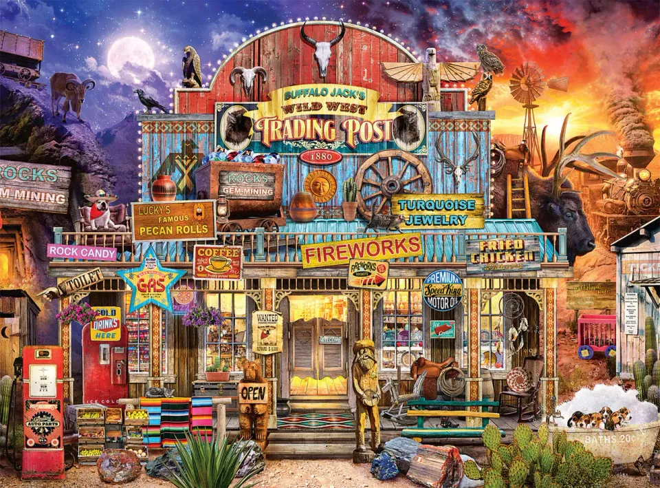 Buffalo Games Night Day Wild West Trading Post puslespil 1000 nat-dag