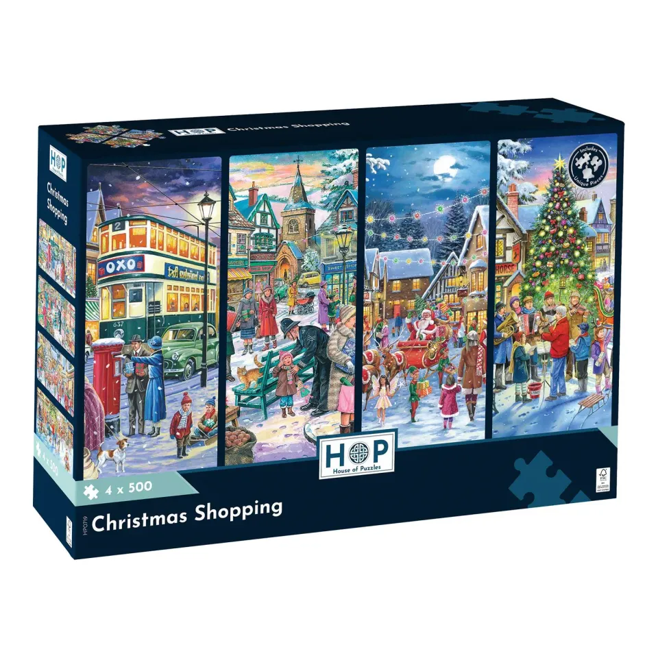 House of Puzzle Christmas Shopping julepuslespil 4x500 nostalgisk