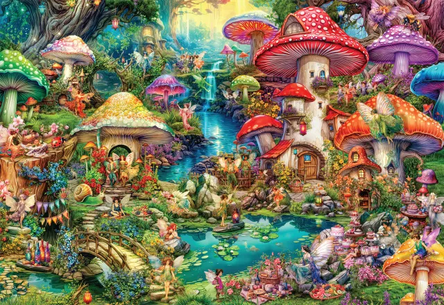 Buffalo Games Aimee Stewart Merry Mushroom Village Picnic puslespil 2000 brikker fe