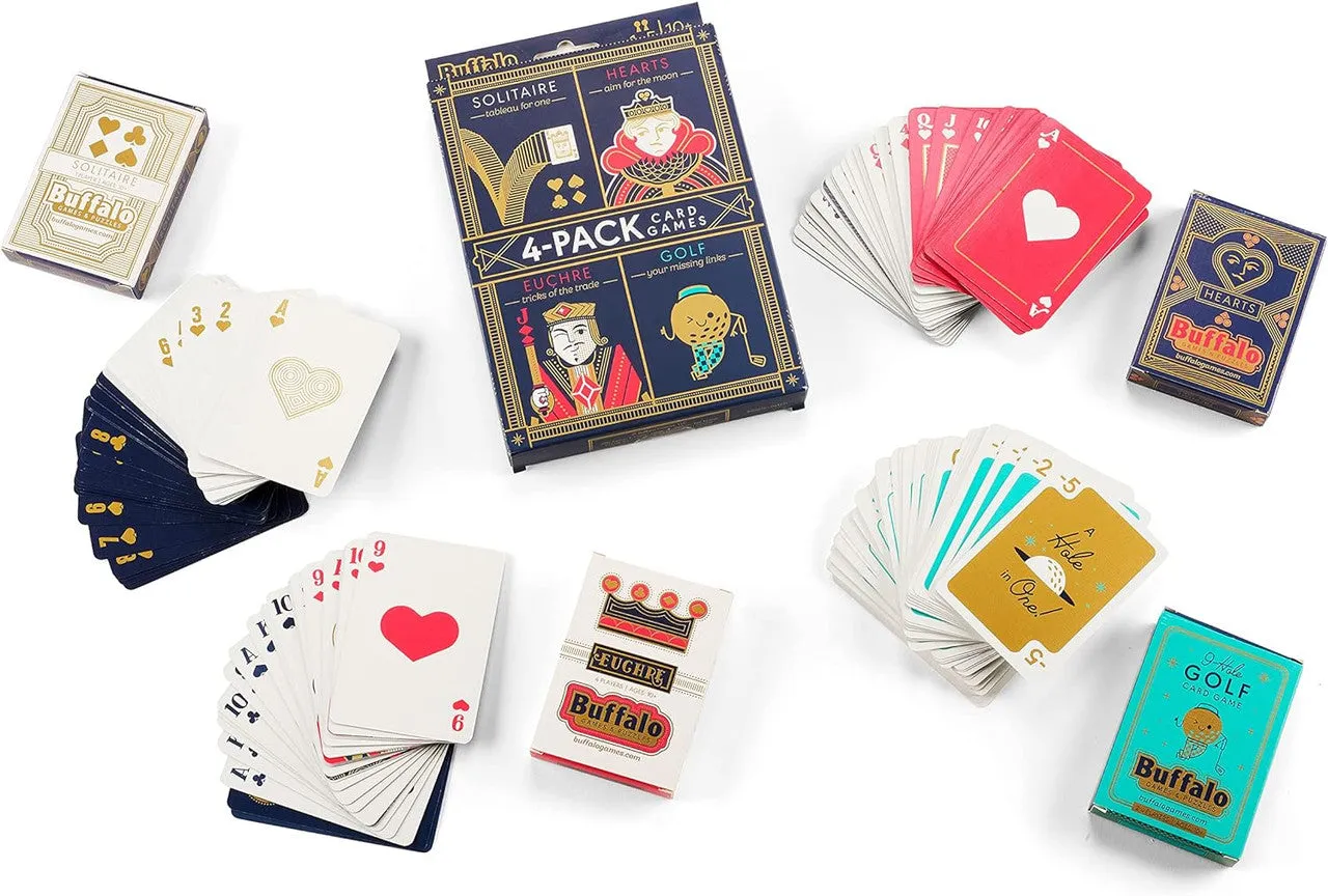 Buffalo Games kortspil 4-pak Euchre Hearts Solitaire Golf