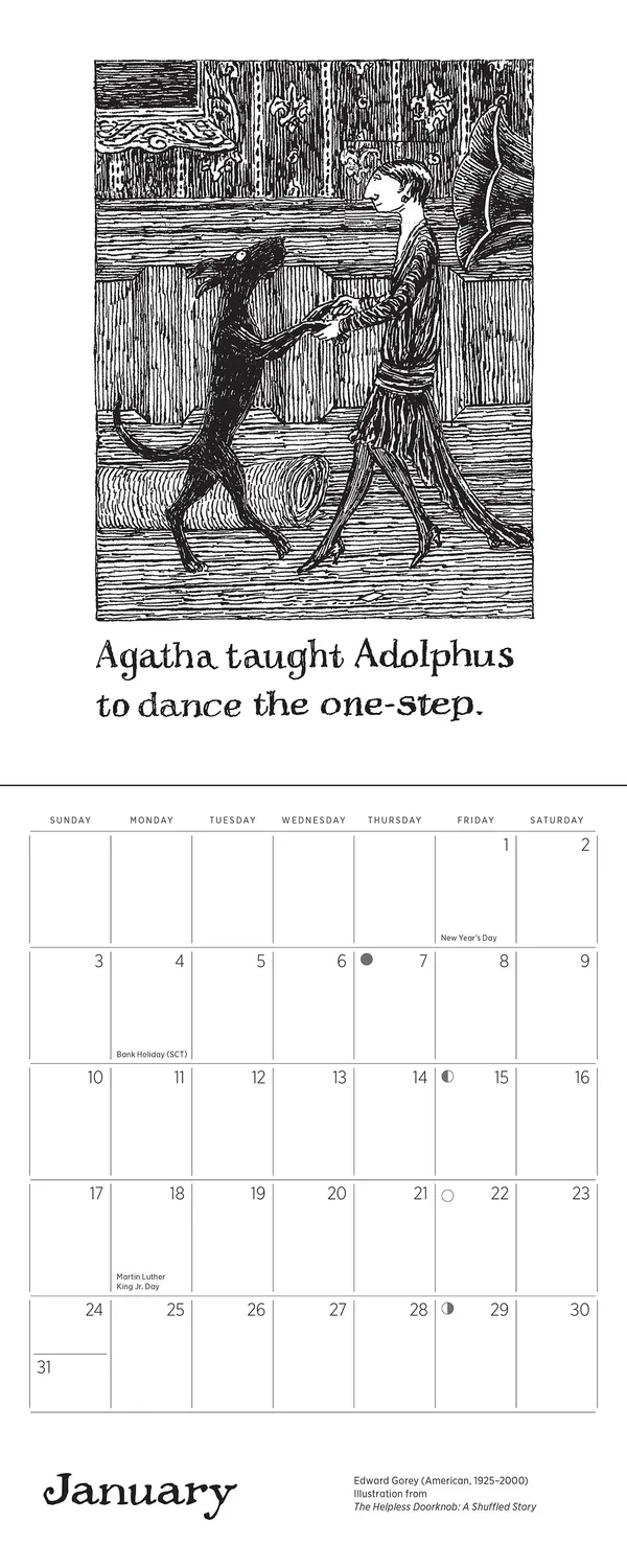 Pomegranate Edward Gorey Helpless Doorknob minivægkalender 2027 humor