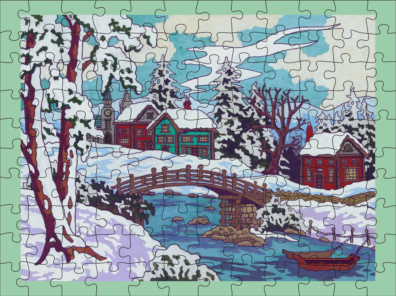 Pomegranate CJ Hurley Snowy Cabins puslespil 120 brikker vinter