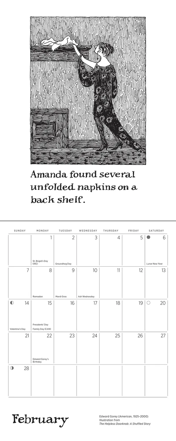 Pomegranate Edward Gorey Helpless Doorknob minivægkalender 2027 humor
