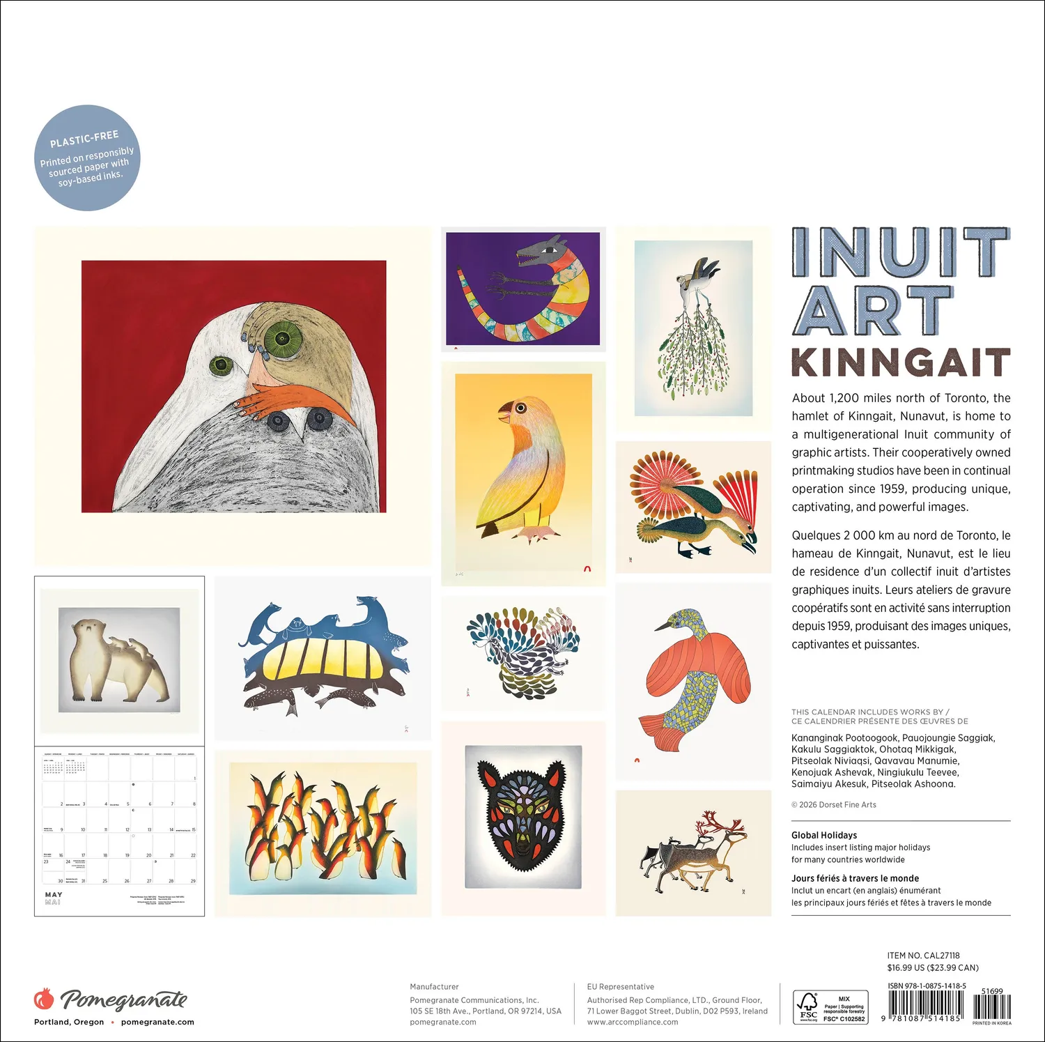 Inuit Art Kinngait vægkalender 2027 Pomegranate dyr