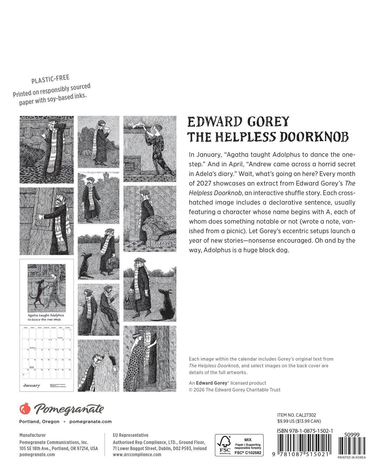 Pomegranate Edward Gorey Helpless Doorknob minivægkalender 2027 humor