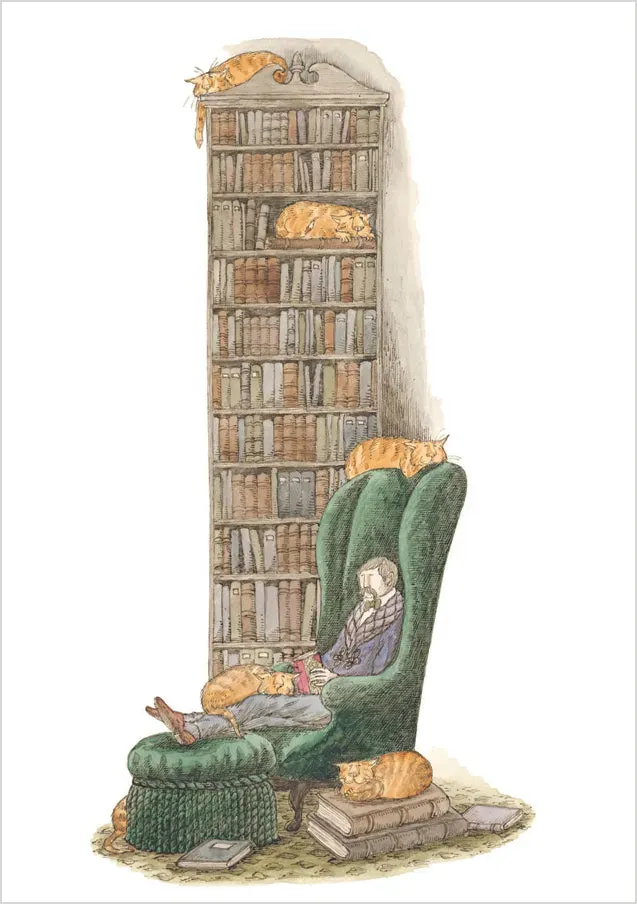 Pomegranate Gorey Bibliophile Cats enkeltkort kattemotiv