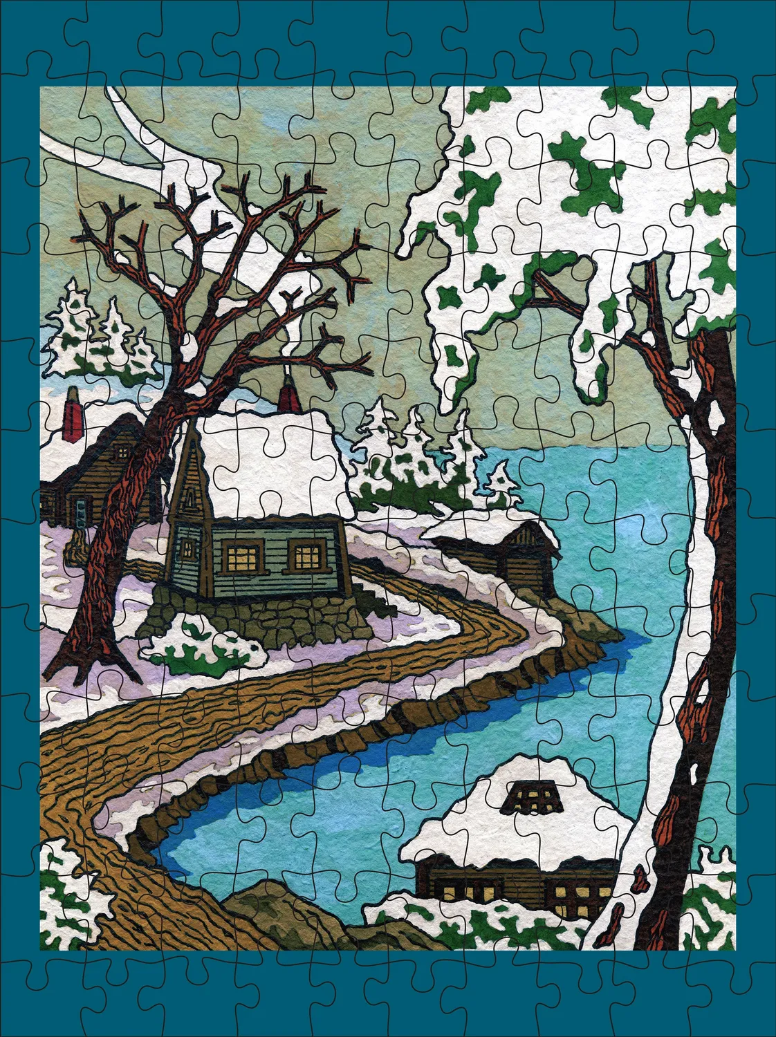 Pomegranate CJ Hurley Snowy Cabins puslespil 120 brikker vinter