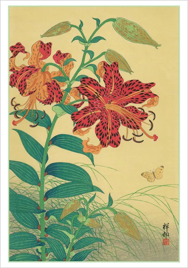 Pomegranate Ohara Koson kort Tiger Lilies and Butterfly blomst