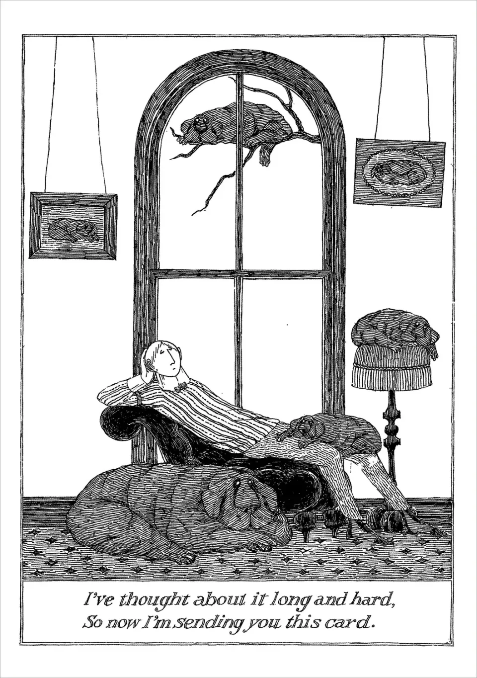 Pomegranate Edward Gorey Thought kort blankt enkeltkort