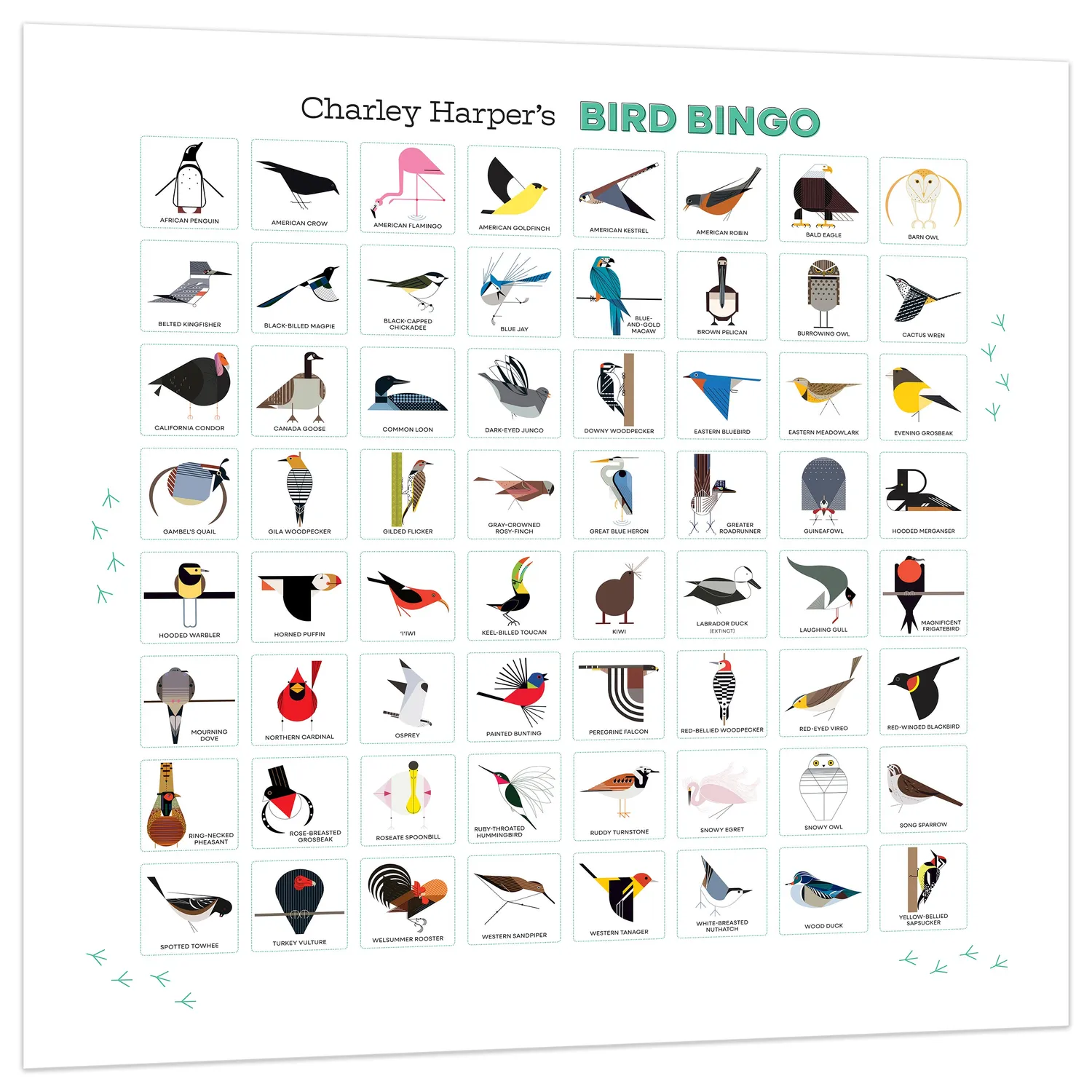 Pomegranate Charley Harper Bird Bingo brætspil 64 fugle