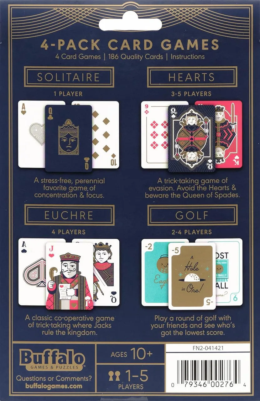 Buffalo Games kortspil 4-pak Euchre Hearts Solitaire Golf