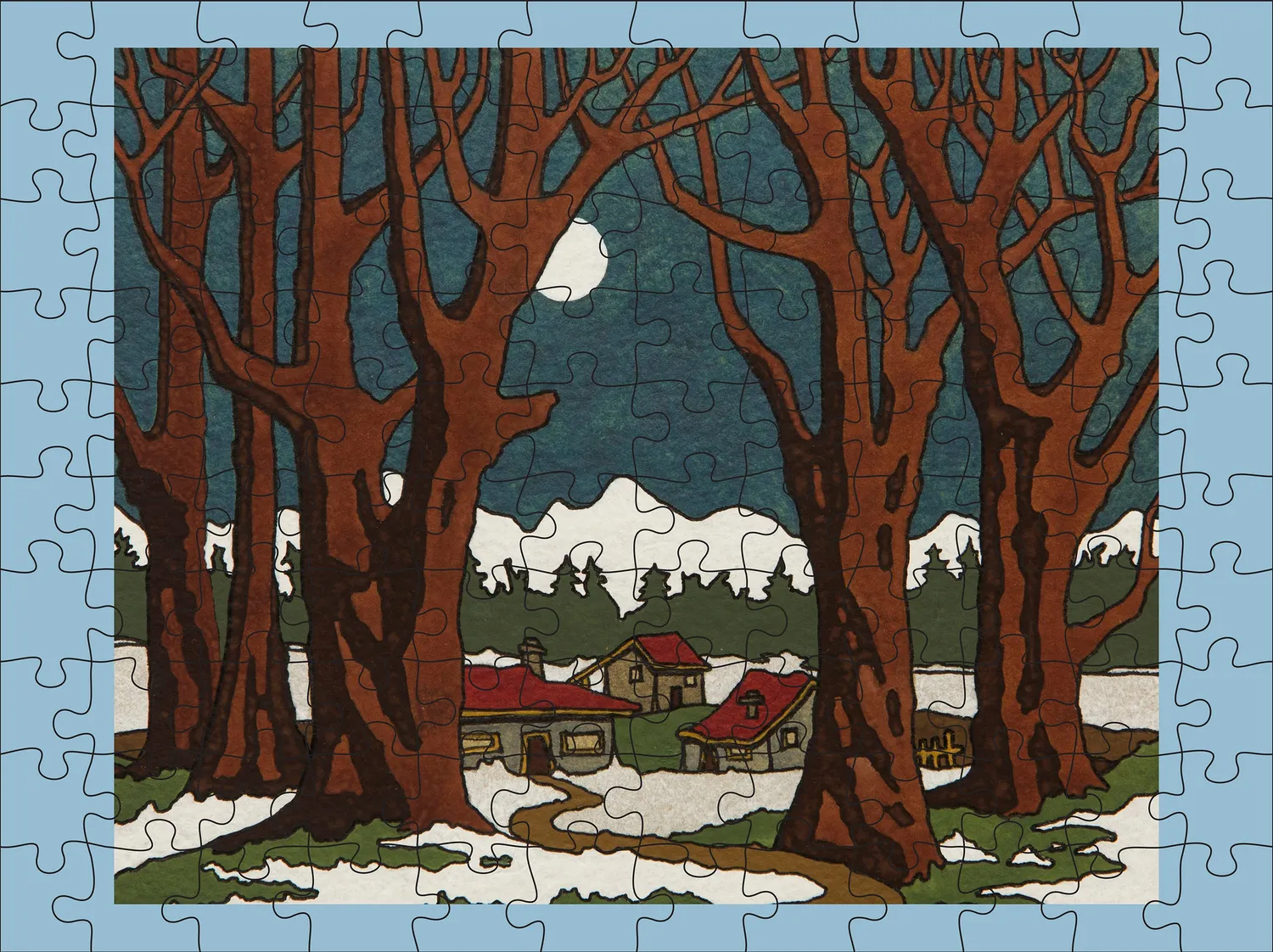 Pomegranate CJ Hurley Snowy Cabins puslespil 120 brikker vinter