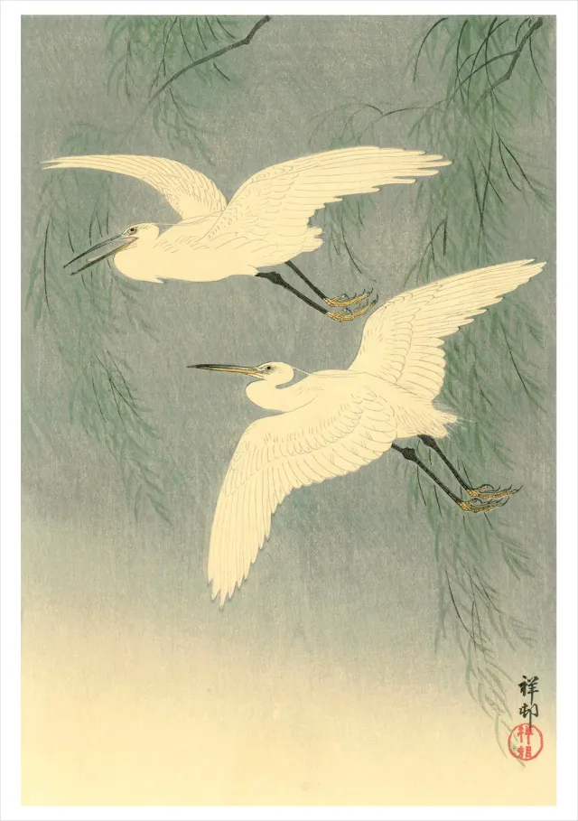 Pomegranate Ohara Koson Little Egrets in Flight brevkort enkelt fugle