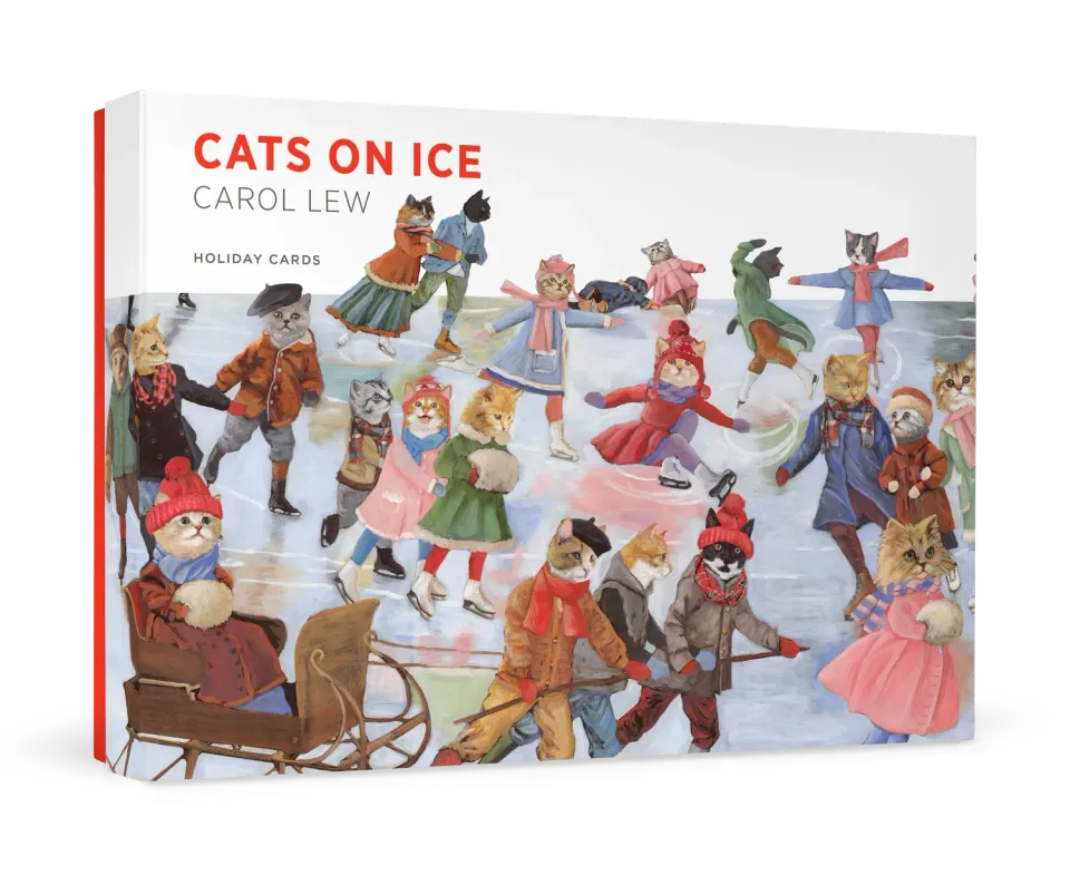 Pomegranate Carol Lew Cats on Ice julekort katte boks