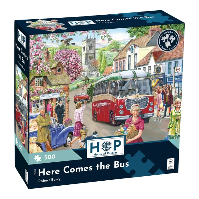 House of Puzzle Here Comes the Bus puslespil 500 brikker landsby