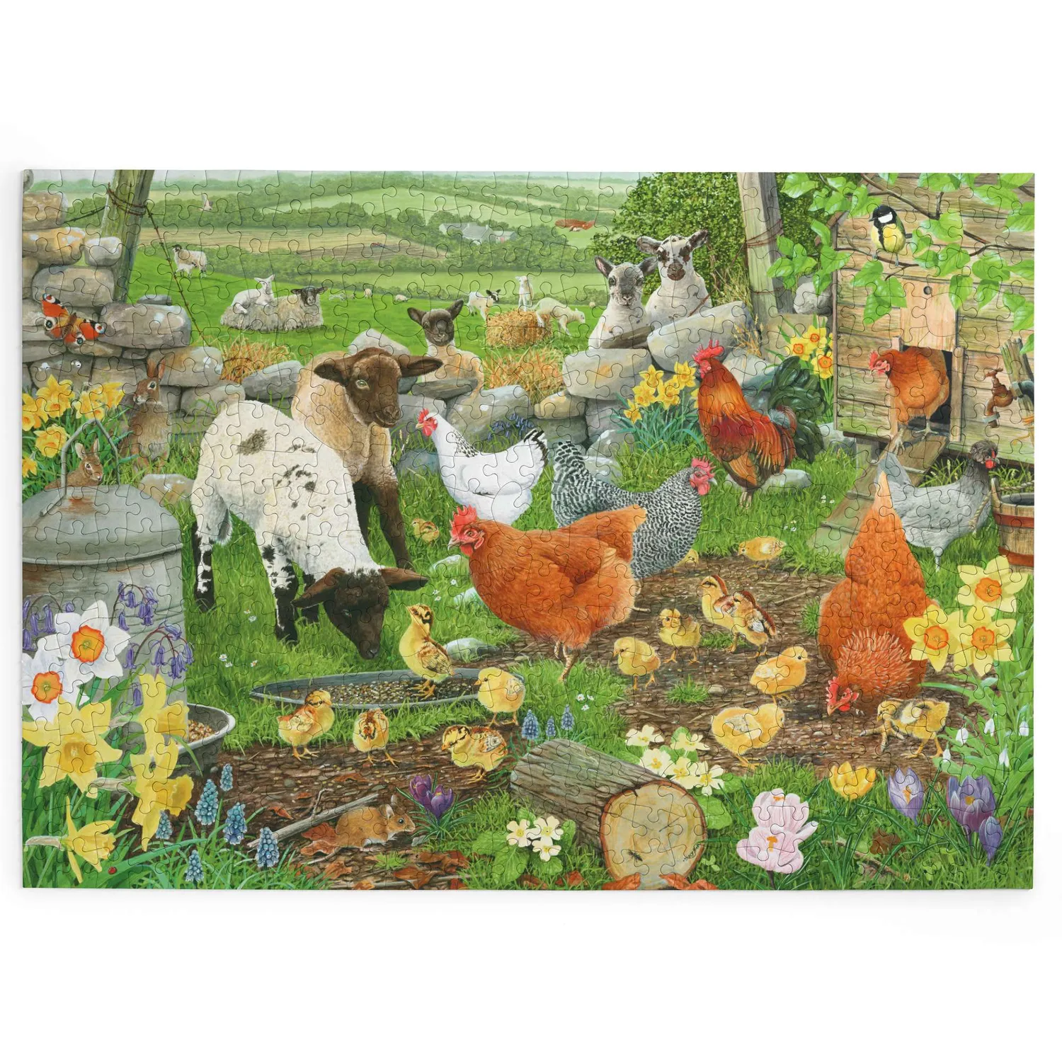 House of Puzzle BIG Spring Chickens puslespil 500 gårdmotiv
