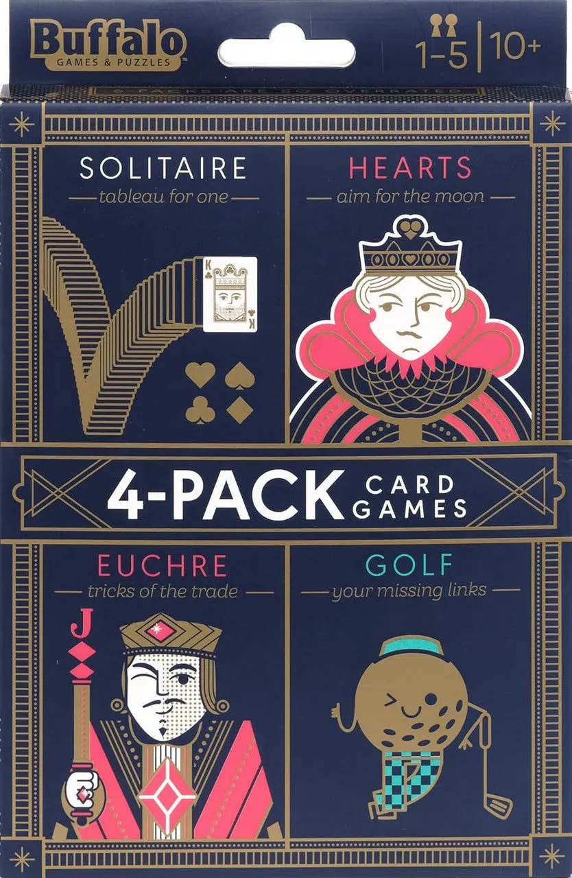 Buffalo Games kortspil 4-pak Euchre Hearts Solitaire Golf