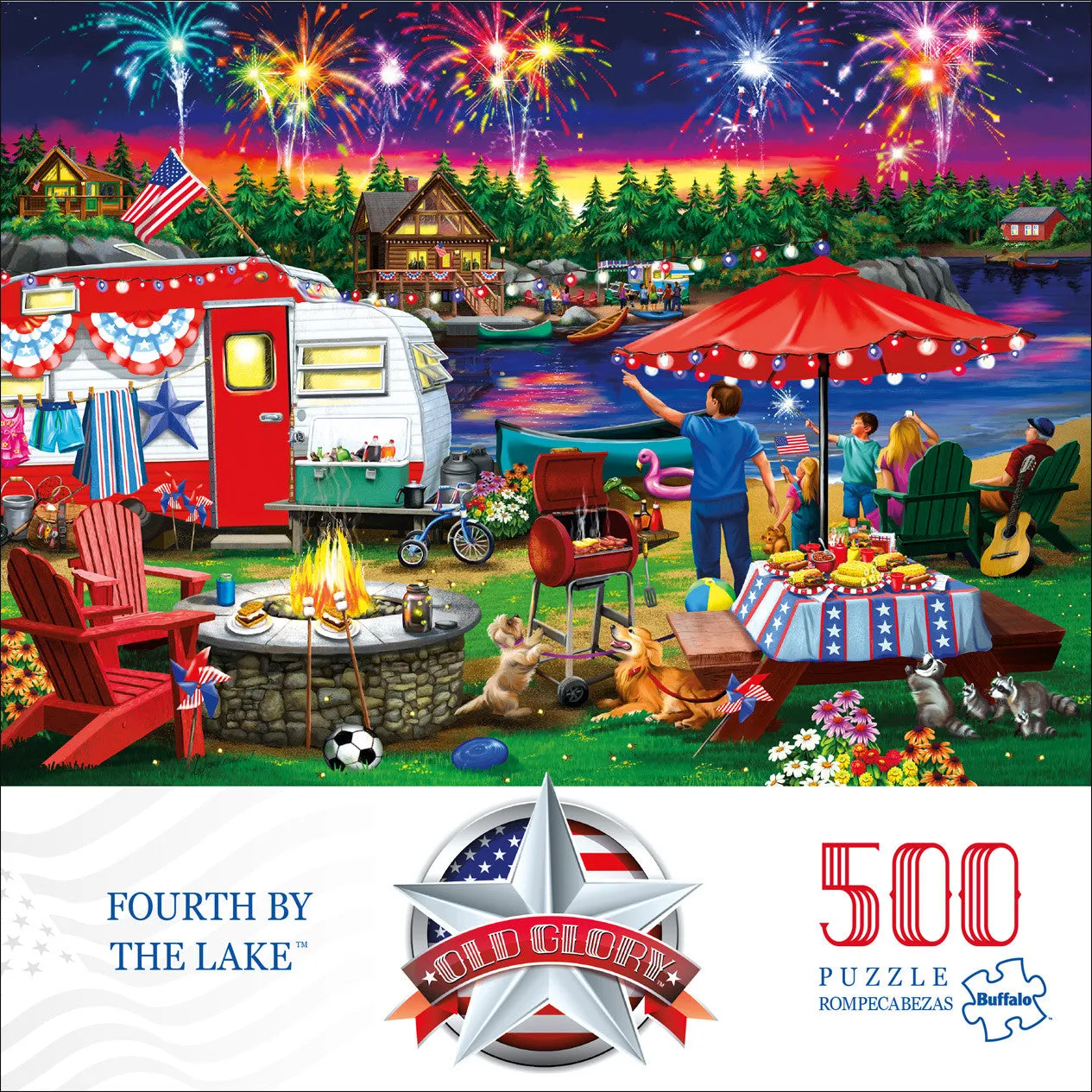 Buffalo Games Old Glory Fourth by the Lake puslespil 500 brikker fyrværkeri