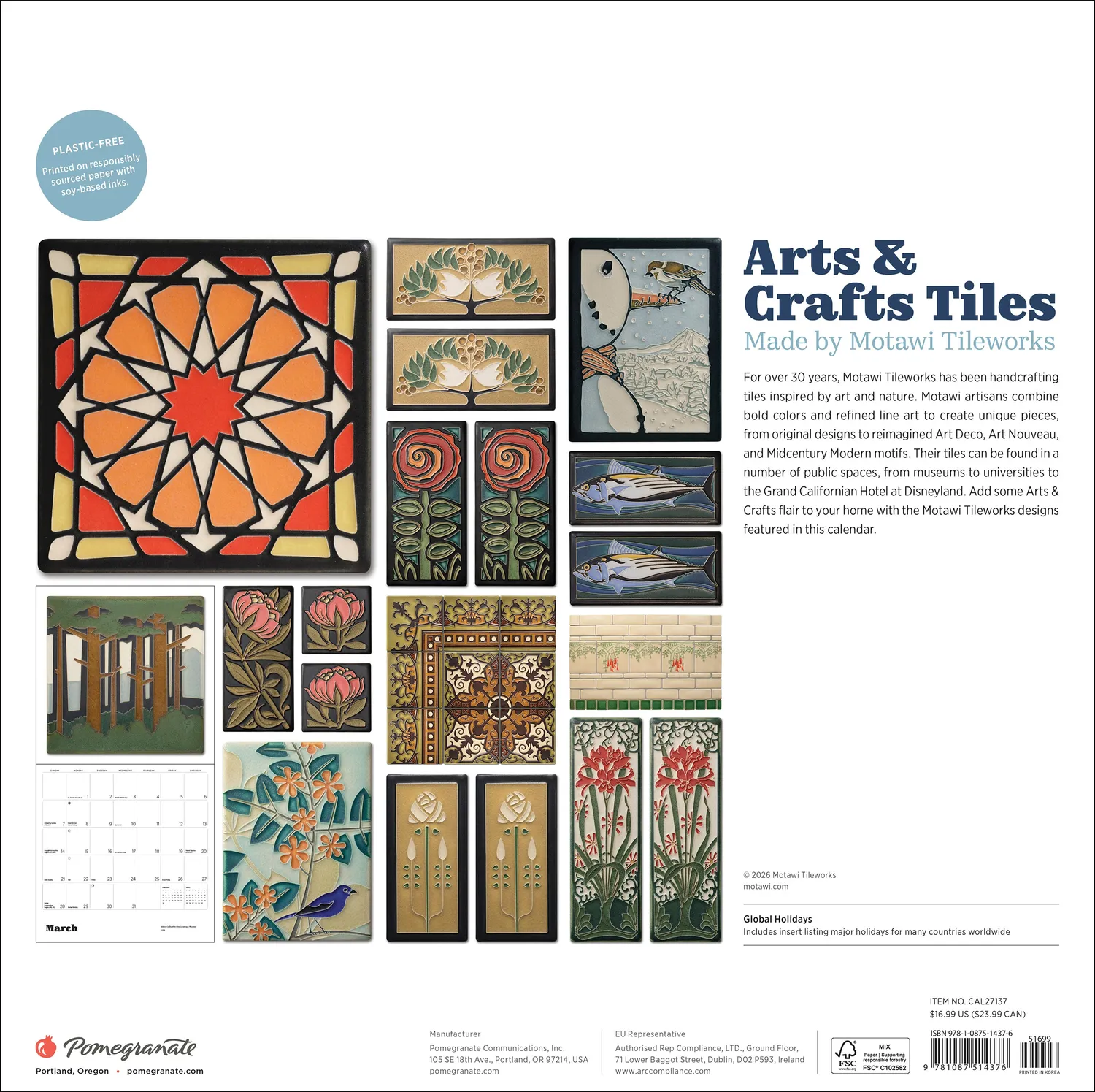 Pomegranate Arts Crafts Tiles Motawi vægkalender 2027 kakler
