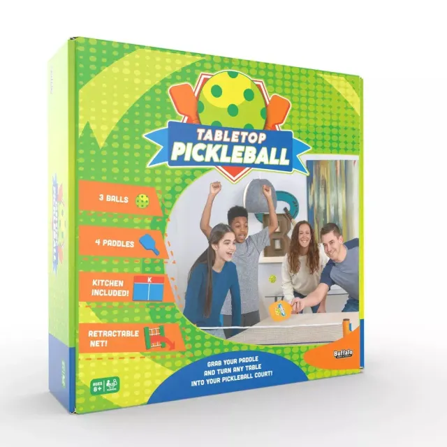 Buffalo Games Tabletop Pickleball bordspil med net 4 bat 3 bolde