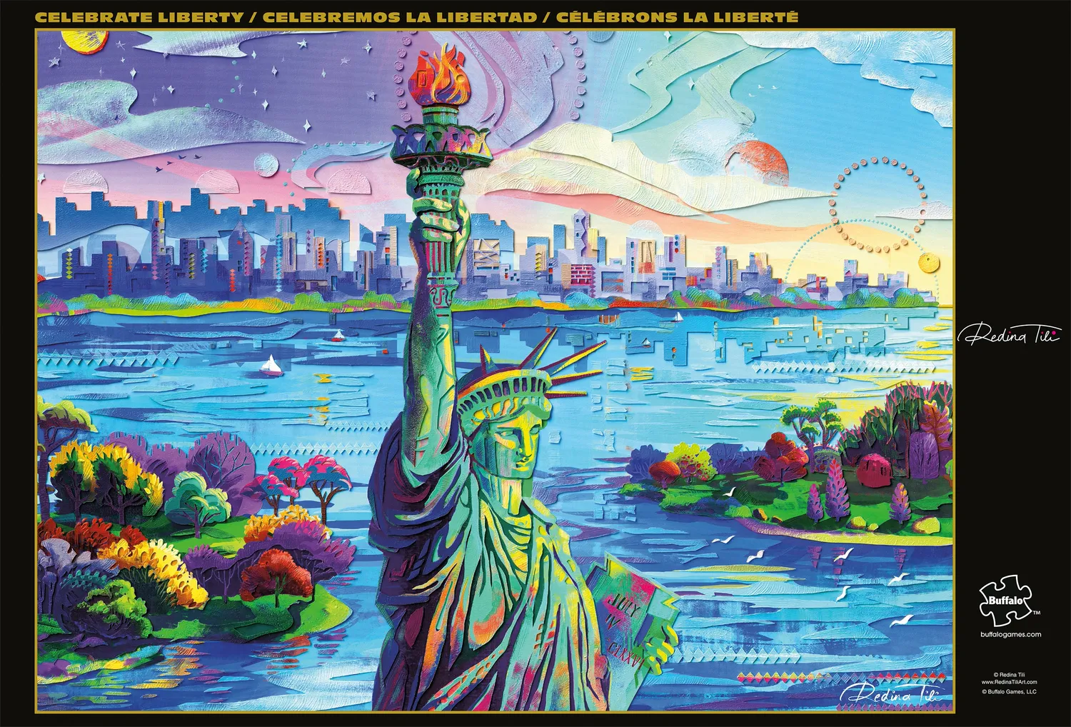 Buffalo Games Gold Celebrate Liberty puslespil 1000 brikker skyline