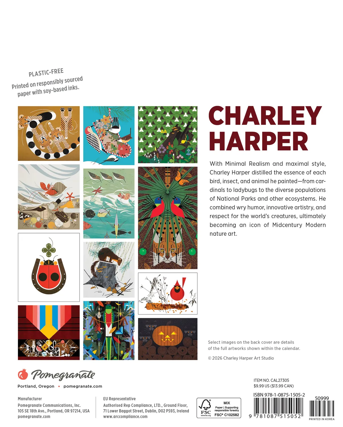 Pomegranate Charley Harper 2027 minivægkalender fugle 12 mdr