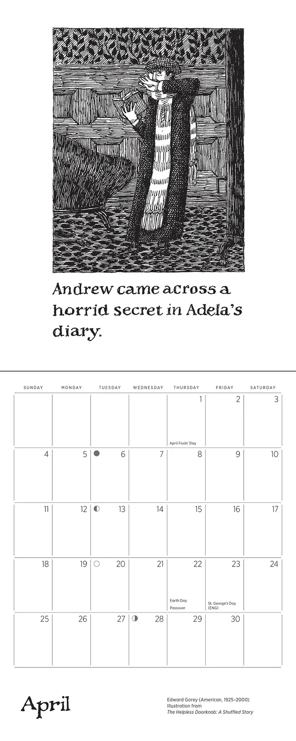 Pomegranate Edward Gorey Helpless Doorknob minivægkalender 2027 humor