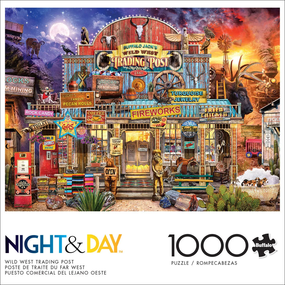 Buffalo Games Night Day Wild West Trading Post puslespil 1000 nat-dag