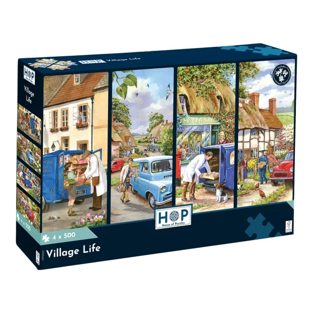 House of Puzzles Village Life 4x500 puslespil 4 pak landsby