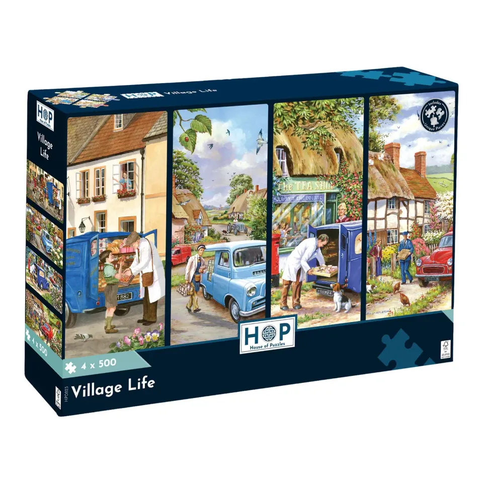 House of Puzzle Village Life puslespil 4 x 500 brikker landsby