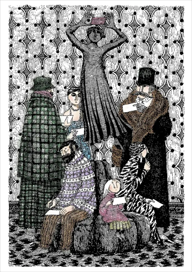 Pomegranate Edward Gorey Group on Sofa blankt kort single