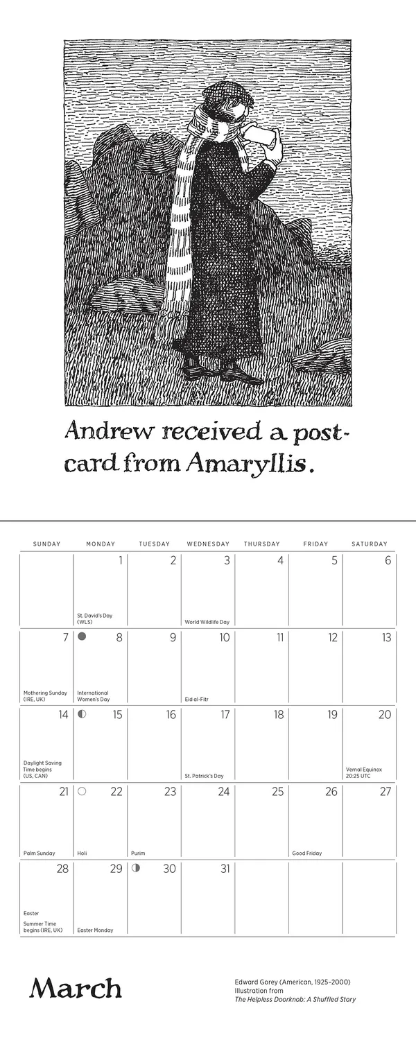 Pomegranate Edward Gorey Helpless Doorknob minivægkalender 2027 humor